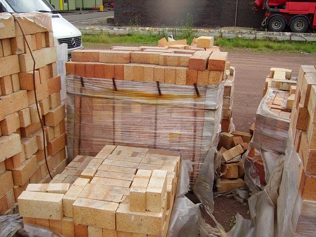 Stack of refractory fire bricks banded on a pallet