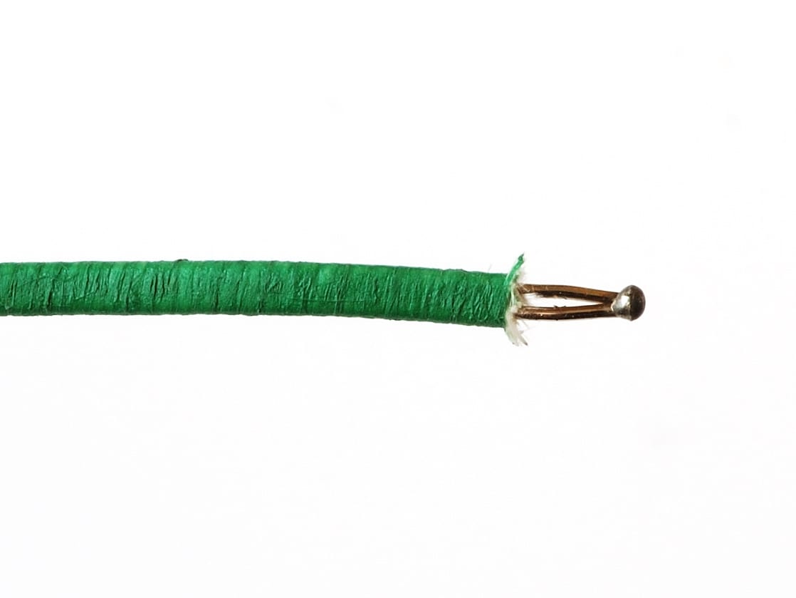 Type K thermocouple showing its twisted wire pair and welded measuring bead